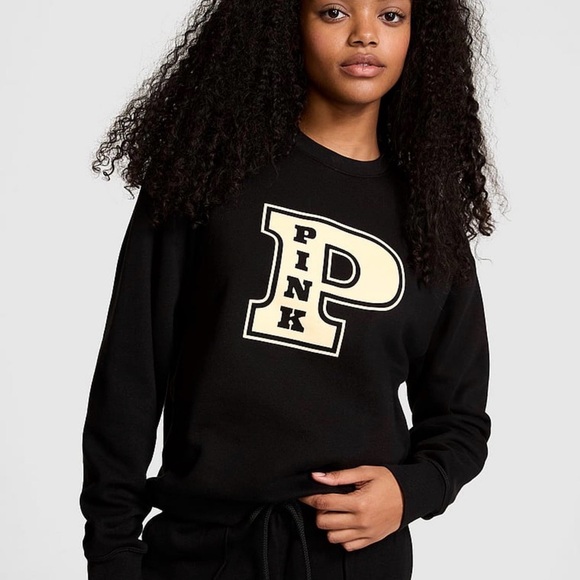 VS PINK Ivy Fleece Oversized Crew Sweatshirt victoria’s Secret Medium Black Logo - Picture 2 of 12